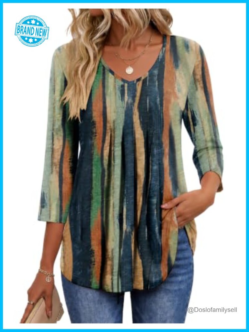 3/4 Sleeve V Neck Pleated Blouse Curved Hem Polyester Spandex Top